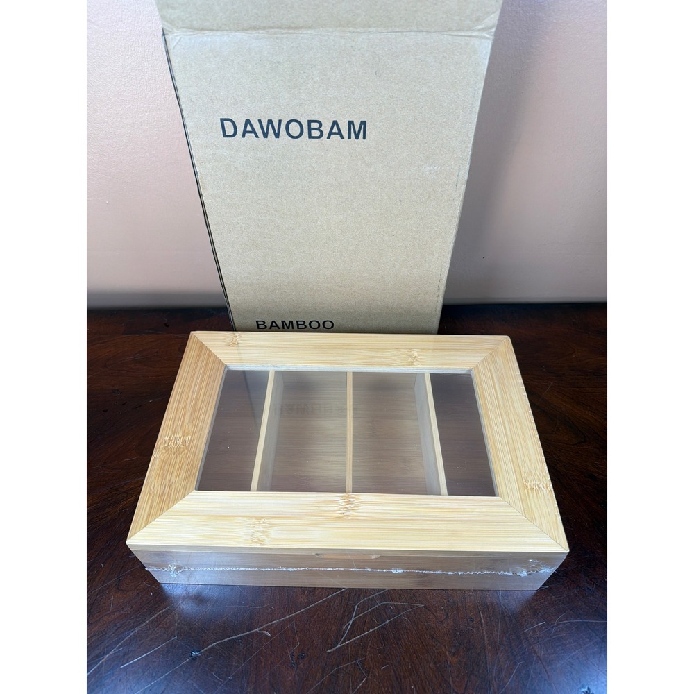 Dawobam Bamboo Tea Box Organizer 4 Compartment Wood Storage Chest Clear Lid NEW